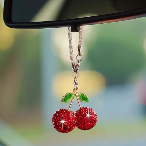 Bling Cherry Car Hanging Ornament, Cute Crystal Rear View Mirror Pendant - Image 4