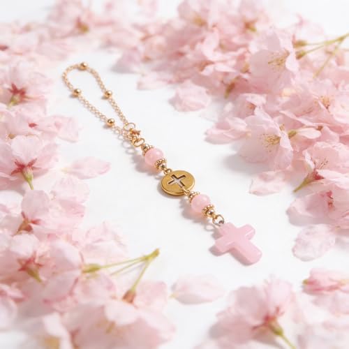 STEFORD Car Cross Crystal Hanging Charm, Cute Rose Quartz Pink Boho Blessing - Image 6