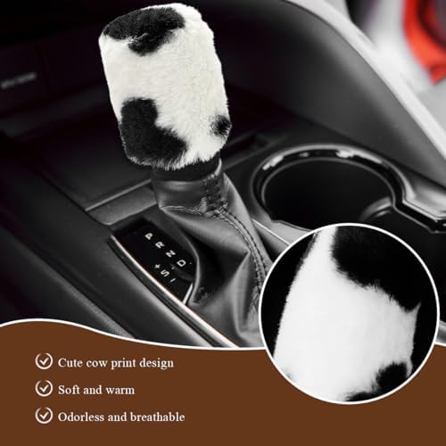 Cow Print Car Shift Knob Cover, Cute Cow Print Anti-Slip Plush Shifter Stick - Image 4