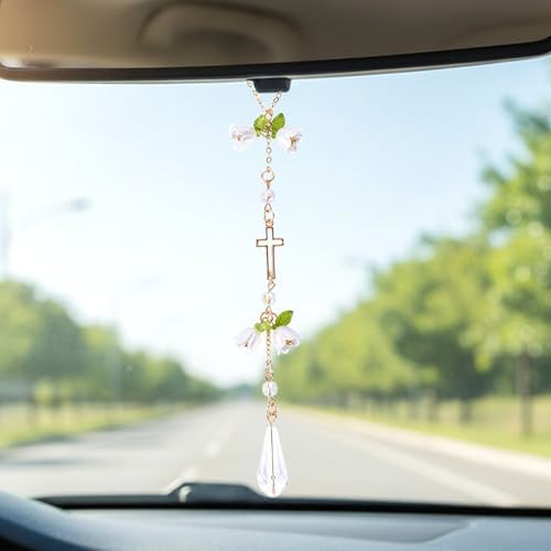Cross Crystal Car Charm Lily Flower Beaded Mirror Hanging - Image 3