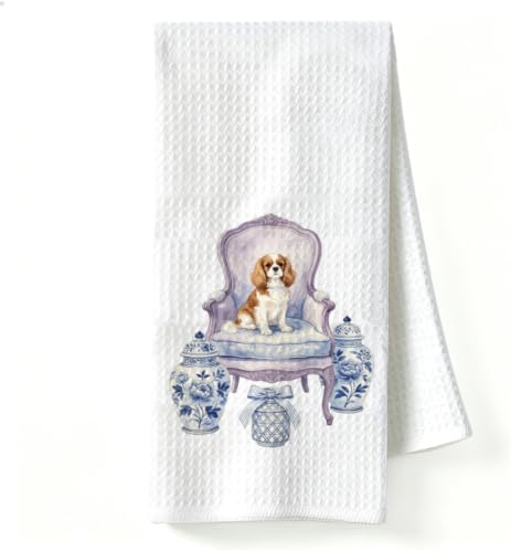 Cavalier King Charles Spaniel Kitchen Towel, Chinoiserie Dog Dish Towel by Unknown