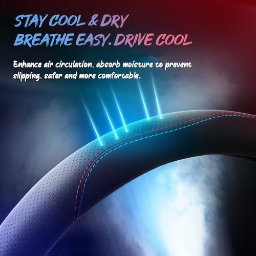 Leather Car Steering Wheel Cover, Tricolor Sporty Style, Breathing Laser - Image 2