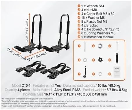Kayak Roof Rack 2 Pairs J-Bar Soft Roof Rack Quick Folding Top Mount Tie Down - Image 2