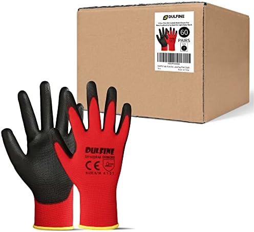 DULFINE Safety Work Gloves for Men 60 Pairs, Ultra-Thin PU Coated Red L by DULFINE