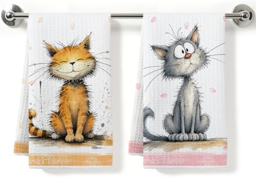 2 Pcs Cute Cat Kitchen Towels, Cat Theme Soft Absorbent Hand Tea Towels 01 by ZHAMEN