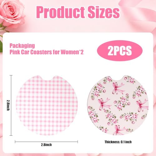 2PCS Wooden Pink Car Coasters for Women, Bow & Checkered Car Cup Coasters - Image 2