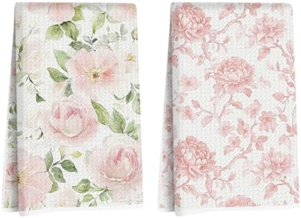 2 Pcs Floral Rose Patterns Kitchen Towels Dish Towel by Blue+Leaves