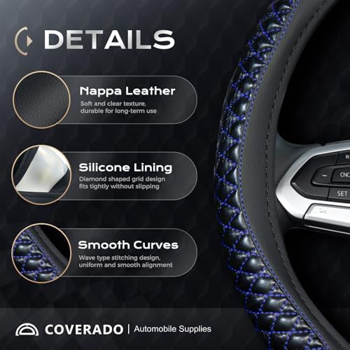 Coverado Car Steering Wheel Cover, Nappa Leather Black & Blueline Steering - Image 2