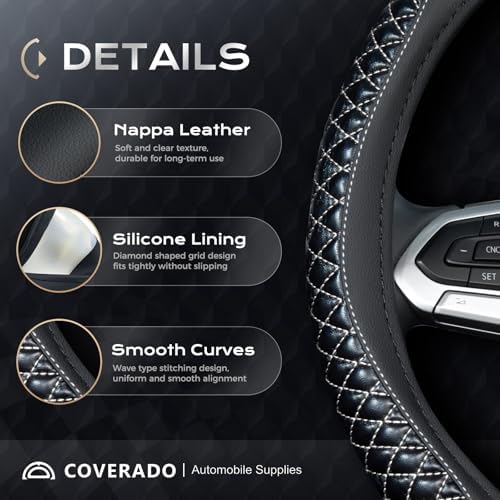 Coverado Car Steering Wheel Cover, Nappa Leather Black & Grayline Steering - Image 2