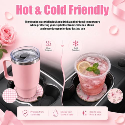 2PCS Wooden Pink Car Coasters for Women, Bow & Checkered Car Cup Coasters - Image 5
