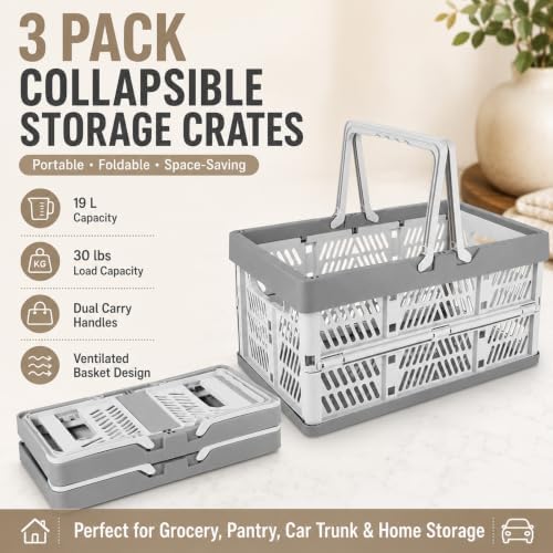 CYEAH 3 Pack Collapsible Shopping Baskets, 20L Foldable Plastic Storage Crates - Image 3