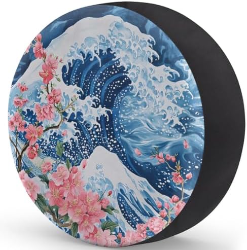 Spare Tire Cover for RV Trailer, Japanese Big Waves Cherry Blossoms Waterproof - Image 2