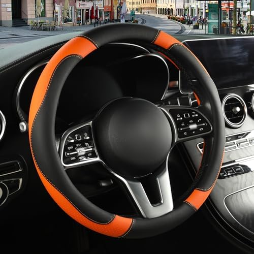 Black Orange Breathable Microfiber Leather Steering Wheel Cover by Binsheo