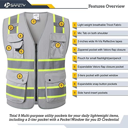 JKSafety Safety Vest for Men Women Reflective Hi Vis JK901 Grey L - Image 3