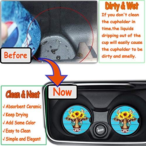 Car Coasters Pack of 2, Fun Sunflower Cow Design Absorb Condensation - Image 4