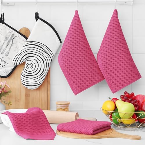 Homaxy 100% Cotton Waffle Weave Kitchen Dish Cloths 6-Pack, Hot Pink - Image 6