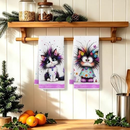 2 Pcs Funny Cat Kitchen Towels, Cat Theme Soft Absorbent Hand Tea Towels 01 - Image 5