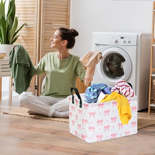 Pink Bow Canvas Storage Basket Waterproof Laundry Hamper - Image 5
