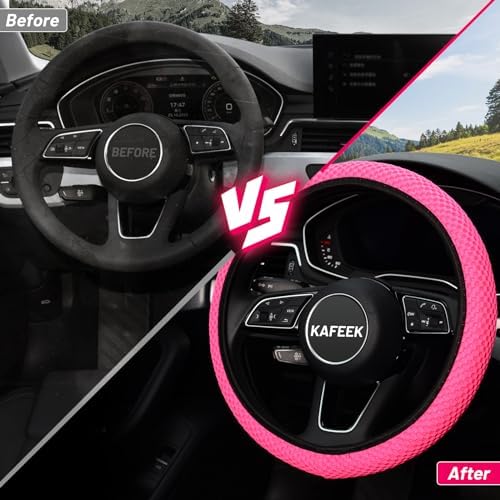 KAFEEK Elastic Stretch Steering Wheel Cover, Universal 15 Inch, Rose Red - Image 6