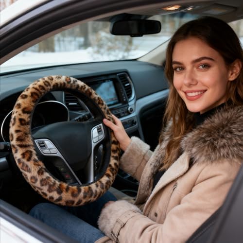 Brown Leopard Print Fuzzy Steering Wheel Cover Universal-2PCS Car Coasters - Image 4