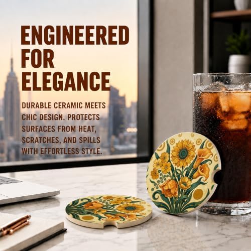 Boho Sunflower Tulip Floral Car Coasters, Retro Country Cup Holders - Image 5