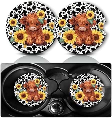 2Pcs Sunflower Highland Cow Car Coasters, 2.75" Neoprene Cup Holder Coaster by Databa