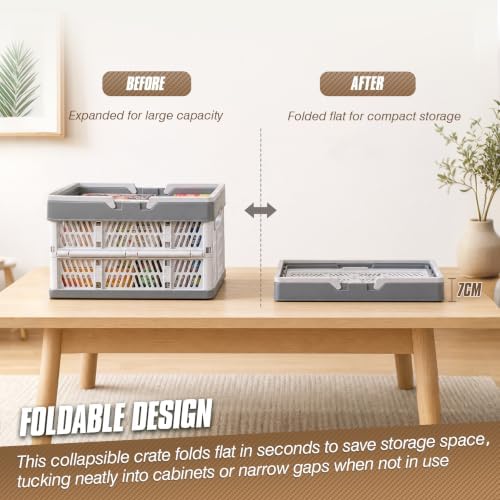2-Pack Large Foldable Storage Crates, 33.7L PP Collapsible Bins Grey - Image 3