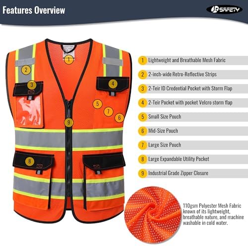 JKSafety Safety Vest for Men Women Hi Vis Reflective Vest JK220 Orange 2XL - Image 4