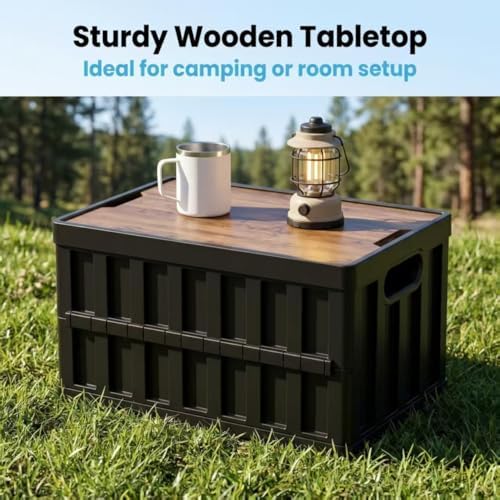 2 Pack 50L Black Storage Crate Wooden Lid Foldable Stackable Bin - Image 3