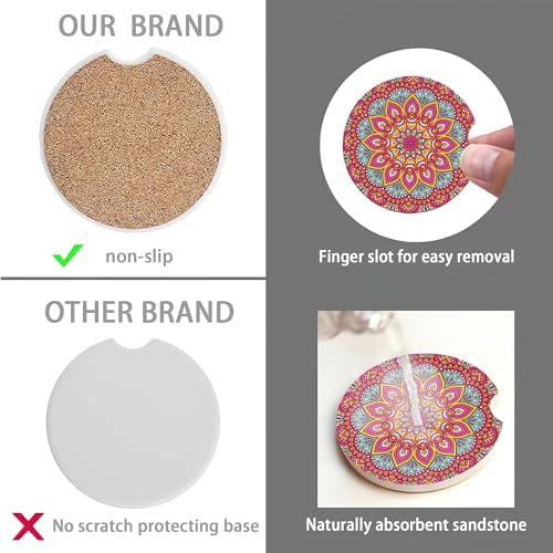 Boho Mandala Car Coasters for Women 2 Pack, Vintage Flower Ottoman Absorbent - Image 4