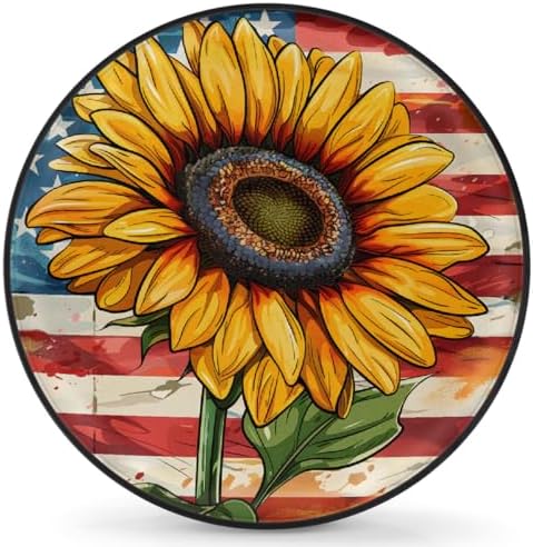 Spare Tire Cover for RV Trailer, American Flag Sunflowers Flower Waterproof Sun by cfpolar