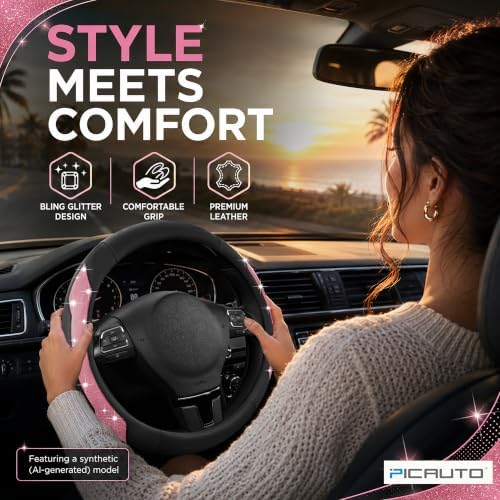PIC AUTO Steering Wheel Cover, Hot Pink Sparkly Crystal Bling Glitter - Image 3