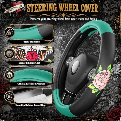 ED HARDY Tiger Print Steering Wheel Cover, Fits 14.5-15.5 Inch Steering Wheels - Image 4