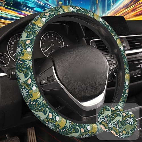 Dinosaurs and Tropical Leaves Steering Wheel Cover by Unknown