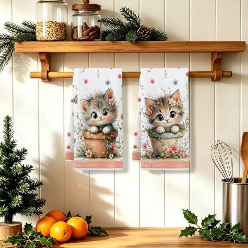 2 Pcs Cute Cat Kitchen Towels, Cat Theme Soft Absorbent Hand Tea Towels 05 - Image 5