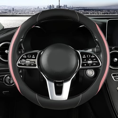 Szttswamp Car Steering Wheel Cover, Microfiber Leather Pink 14.5-15 Inch by Szttswamp