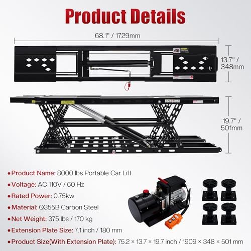 SPECRAFT 8000LBS Black Portable Hydraulic Car Lift, Home Garage - Image 2