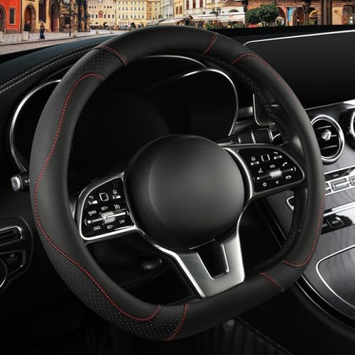 Black Microfiber Leather D Shaped Steering Wheel Cover - Image 2