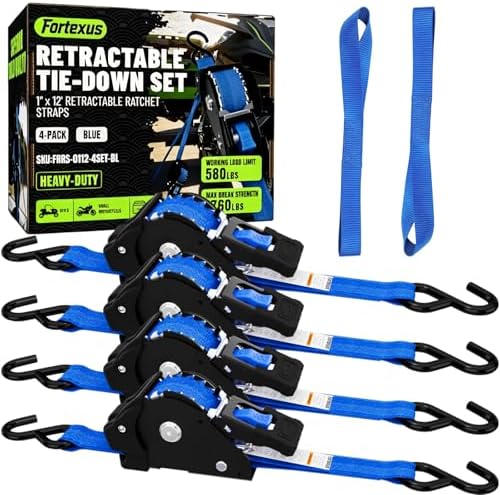 Retractable Ratchet Straps, 1 Inch x 12 Feet, 760lb Break Strength, Self by Fortexus