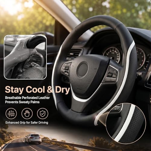 Steering Wheel Cover Black and White Leather Universal 14.5-15 inch - Image 4