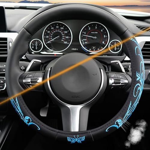 Blue Embroidery Butterfly Car Steering Wheel Cover, 14.5-15 Inch Universal - Image 3
