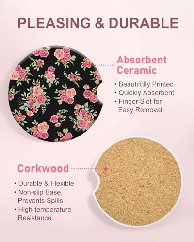 Swooflia Cute Girly Ceramic Car Coasters Pink Rose Cup Holder Coasters - Image 3