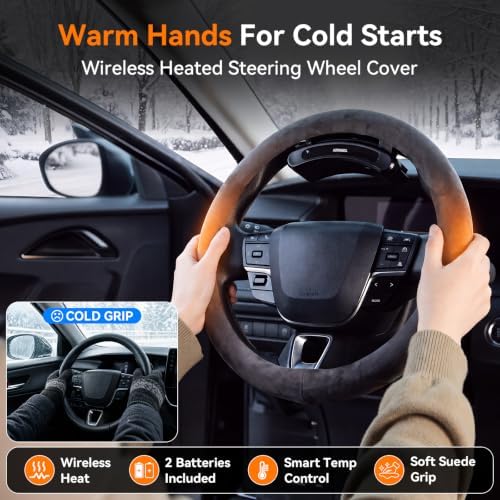 Wireless Heated Steering Wheel Cover, Rechargeable Dual Battery, Suede Gray - Image 2