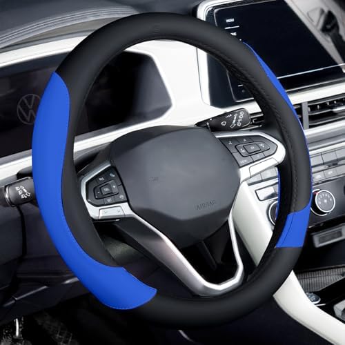 Coverado Car Steering Wheel Cover, Nappa Leather Black & Blue Steering Wheel by COVERADOAUTO