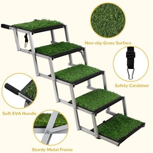 Grass Dog Stairs for Car, Non-Slip Folding Dog Ramps for Large Dogs, 5 Steps - Image 3