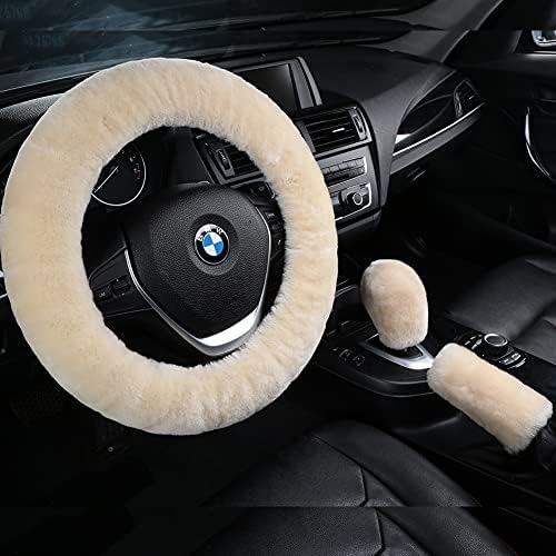3Pcs/Set Pure Wool Fur Furry Steering Wheel Cover, Soft Fluffy Handbrake Cover by AOGELAN