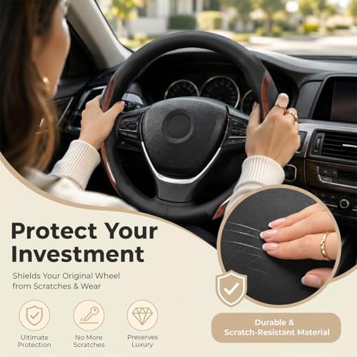 Black Steering Wheel Cover Wood Grain Leather Universal 14.5"-15" - Image 4