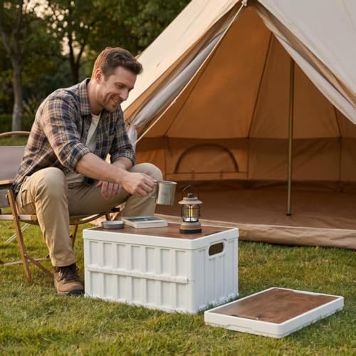 3 Pack 50L White Storage Crate Wooden Lid Foldable Bin - Image 4