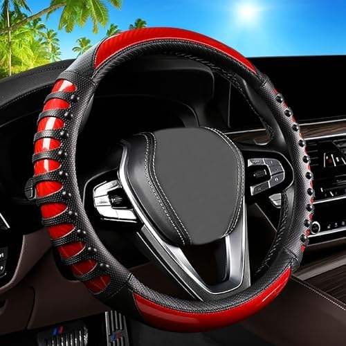 3D Massage Red Carbon Fiber Leather Steering Wheel Cover, 14.5-15 Inch Non-Slip by ExquisiteCarAccessories