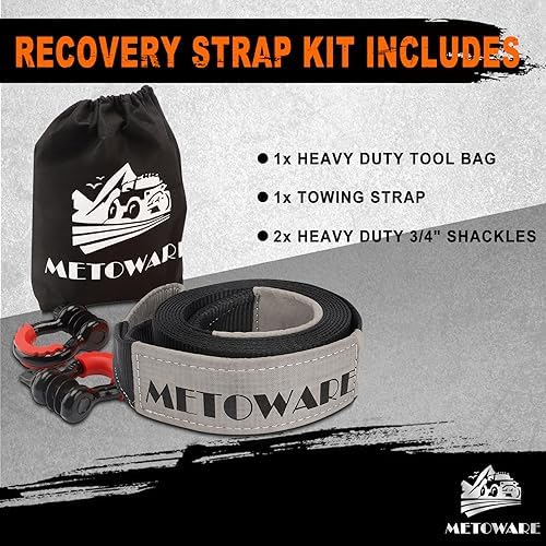METOWARE Recovery Tow Strap Kit 3" x 30ft 35000 lbs Break Strength - Image 6